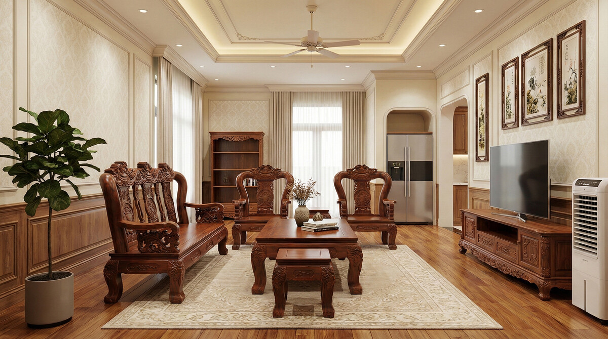 Bàn Ghế Phòng Khách Gỗ Xoan Đào Chạm Nghê Tay 12 6 Món