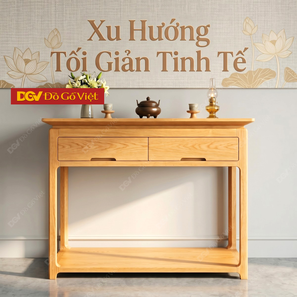 Bàn Thờ Gia Tiên Gỗ Sồi Hai Ngăn Kéo Kèm Đợt Dưới  Lưu Trữ