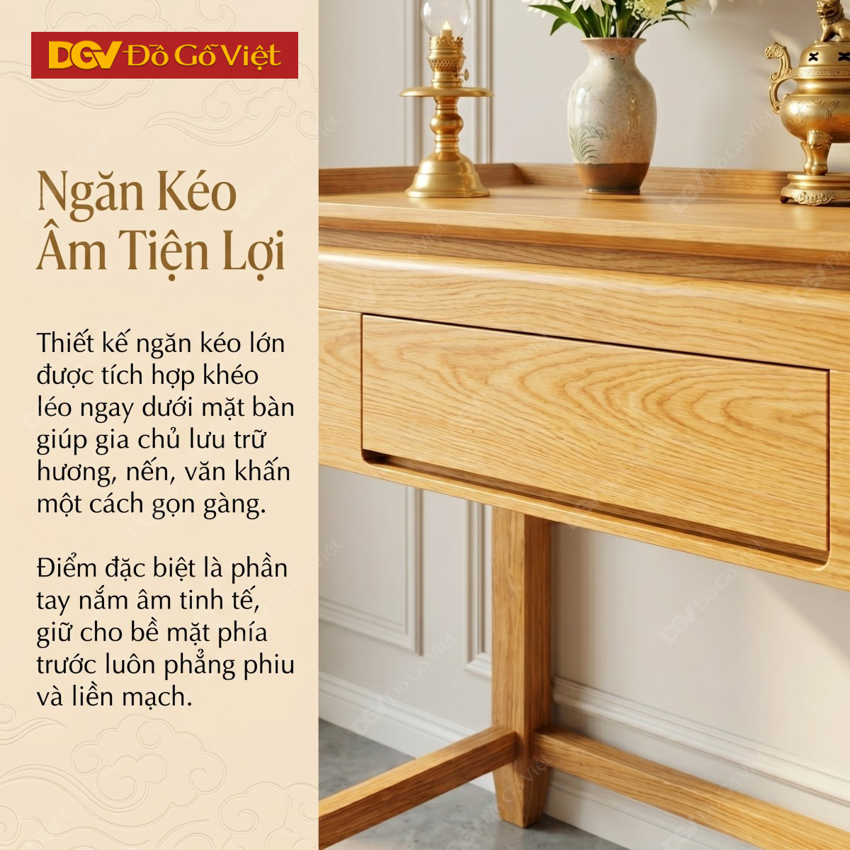 Bàn Thờ Gỗ Sồi Mỹ Thiết Kế Tai Cong Kẻ Rãnh Tay Nắm Tinh Tế