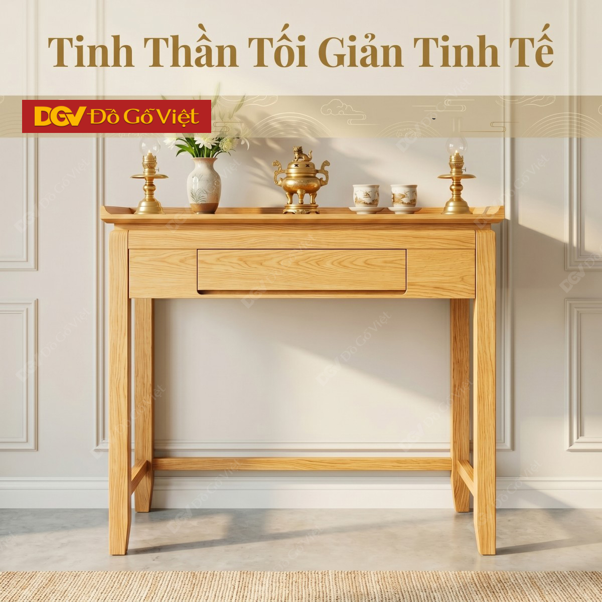 Bàn Thờ Gỗ Sồi Mỹ Thiết Kế Tai Cong Kẻ Rãnh Tay Nắm Tinh Tế