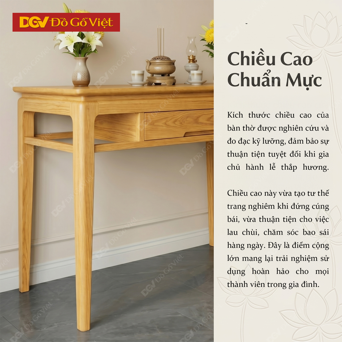 Bàn Thờ Sồi Mỹ Tự Nhiên Chân Côn Tích Hợp Ngăn Kéo Trung Tâm