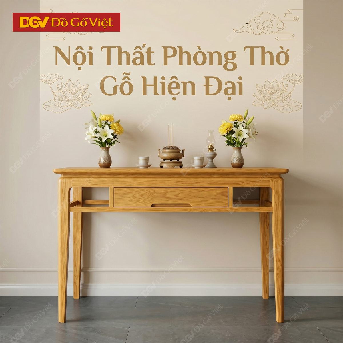 Bàn Thờ Sồi Mỹ Tự Nhiên Chân Côn Tích Hợp Ngăn Kéo Trung Tâm
