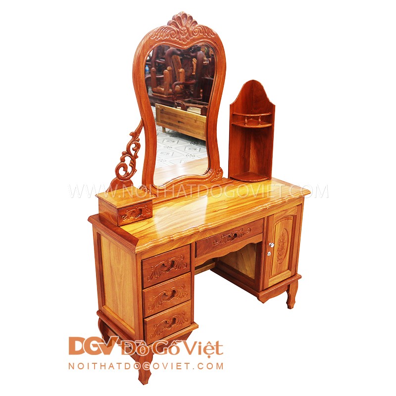 Bàn Trang Điểm Căm Xe Mặt Gõ Kính Cong 2 Thùng Có Kệ
