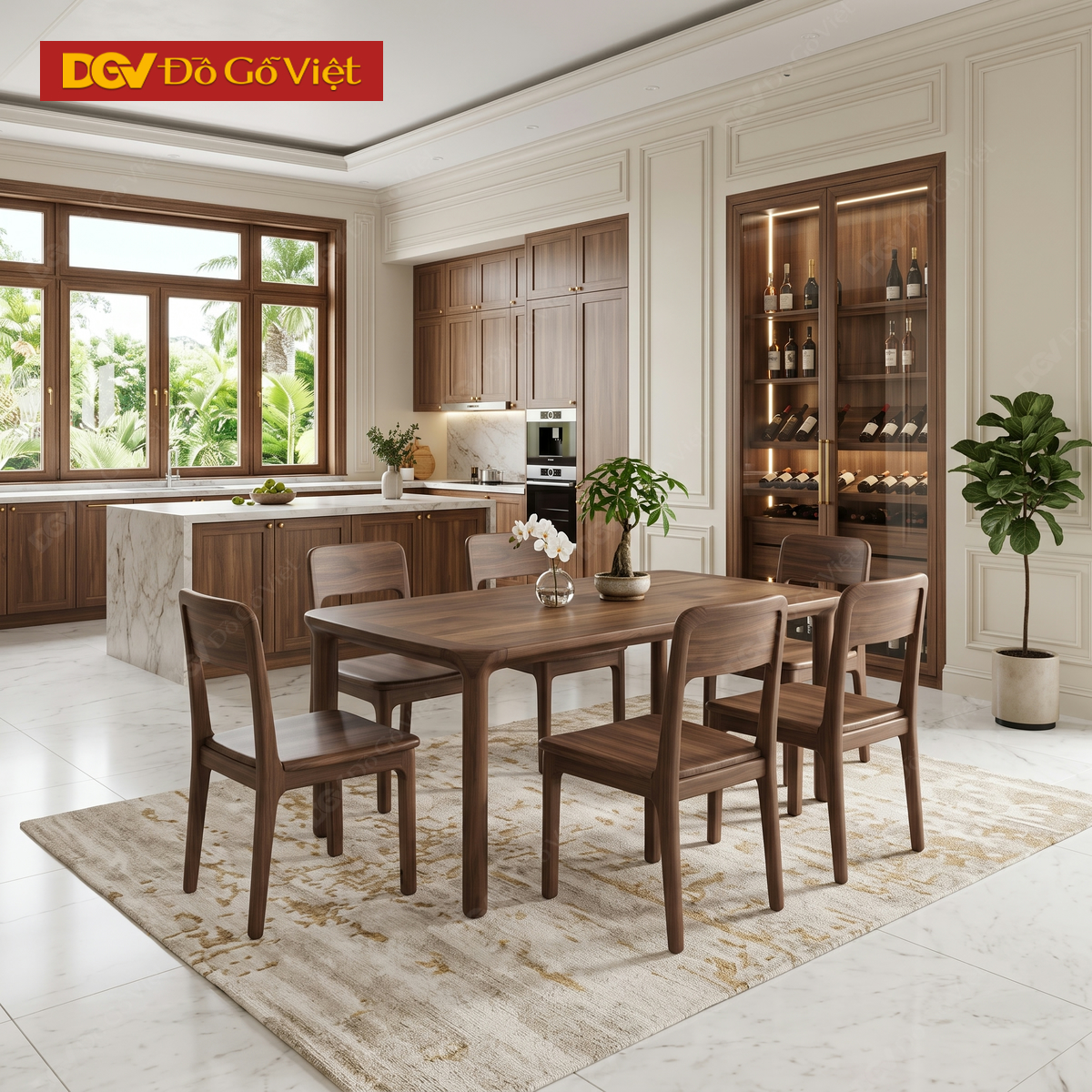 Bộ Bàn Ăn Gỗ Óc Chó Tự Nhiên 100% Mid-Century Bo Góc Mềm Mại