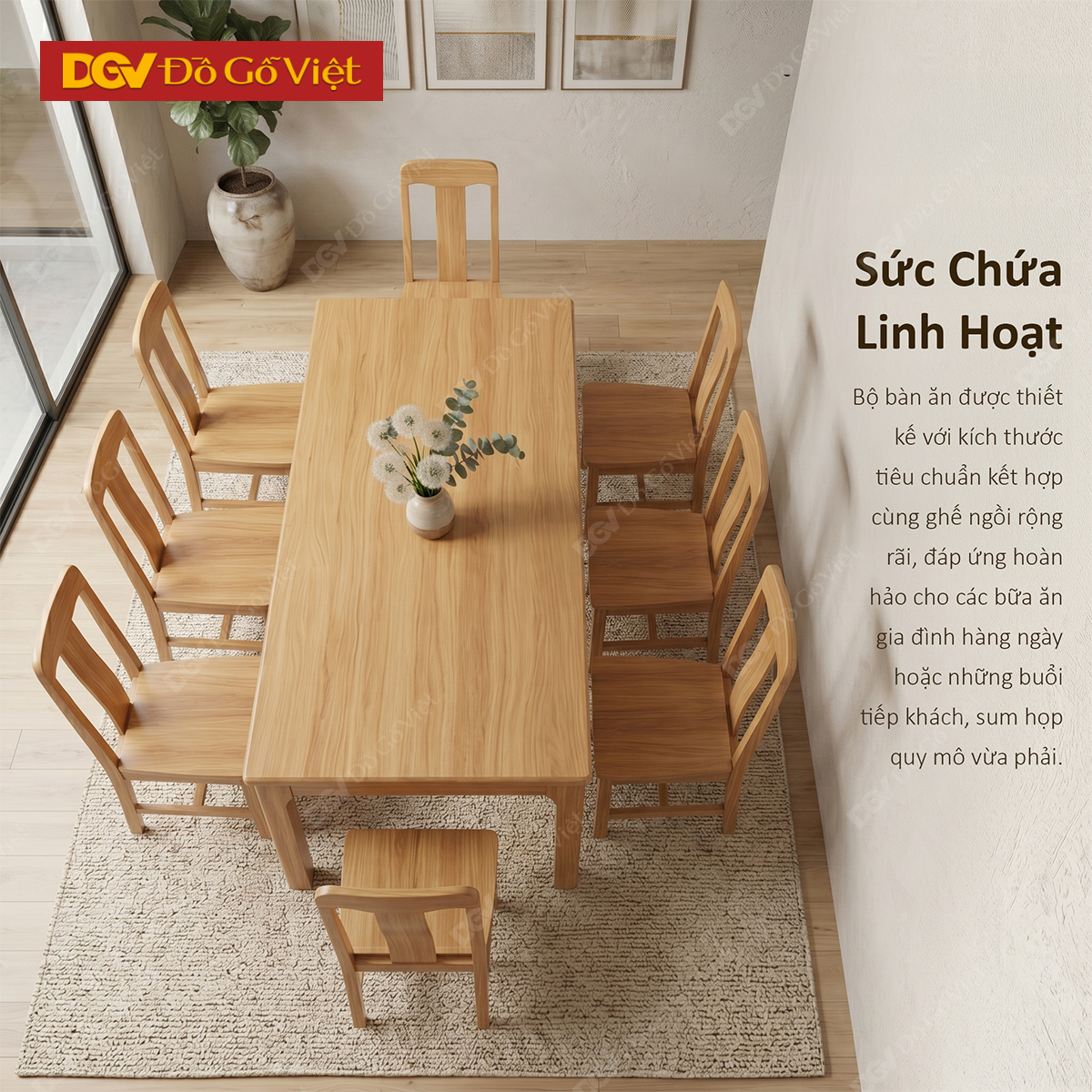 Bộ Bàn Ăn Hiện Đại Sồi Mỹ Tự Nhiên Chân Vát Bo Góc Mềm Mại
