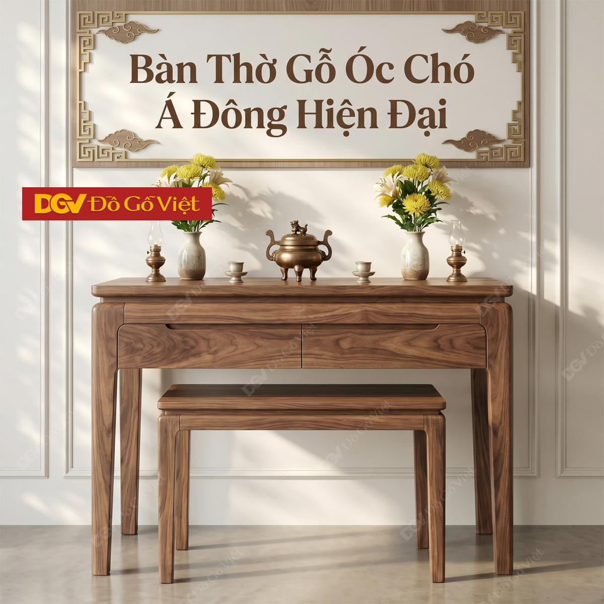Bộ Bàn Thờ Mẹ Con Gỗ Óc Chó Thiết Kế Hiện Đại Bo Góc Tinh Tế