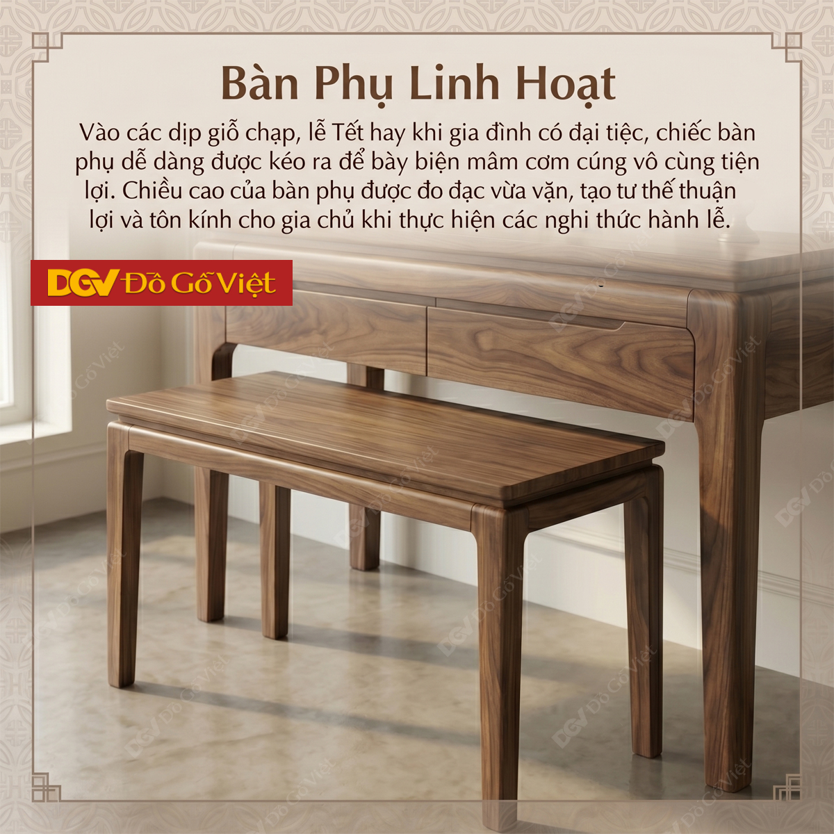 Bộ Bàn Thờ Mẹ Con Gỗ Óc Chó Thiết Kế Hiện Đại Bo Góc Tinh Tế