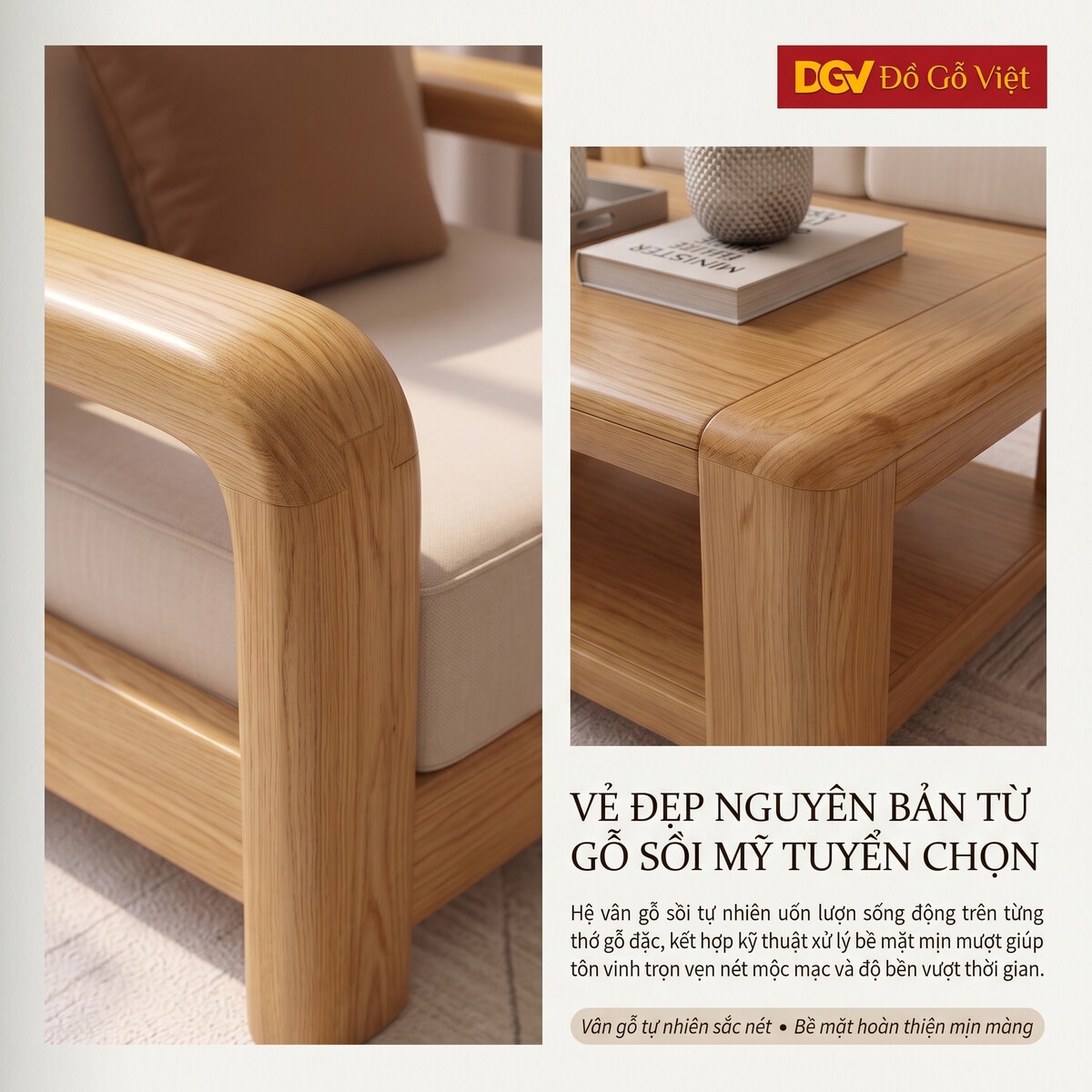 Bộ Sofa Đối Thư Giãn Gỗ Sồi Mỹ Tay Tựa Lớn Bo Góc Mềm Mại