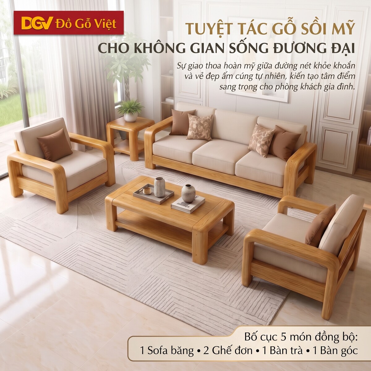 Bộ Sofa Đối Thư Giãn Gỗ Sồi Mỹ Tay Tựa Lớn Bo Góc Mềm Mại