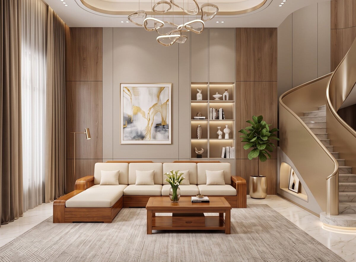 Bộ Sofa Gõ Đỏ Góc L Tay Lớn Chương Mái Đình Mới Sang Trọng