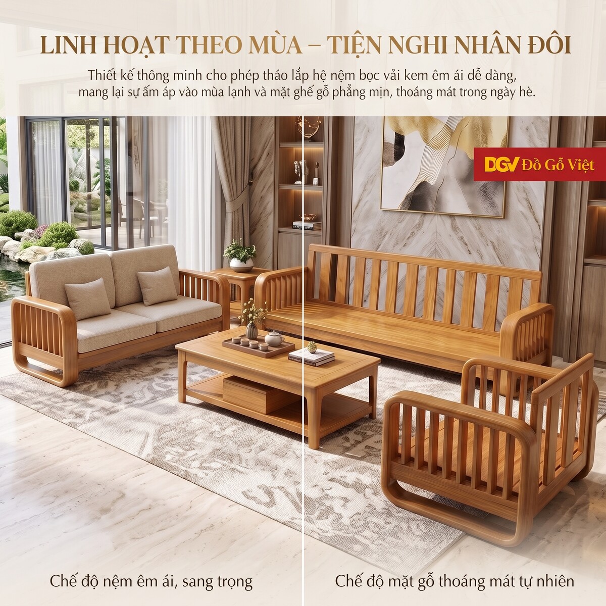 Bộ Sofa Gỗ Gõ Đỏ Thư Giãn Khung Nan Bọc Nệm Cao Cấp Mới