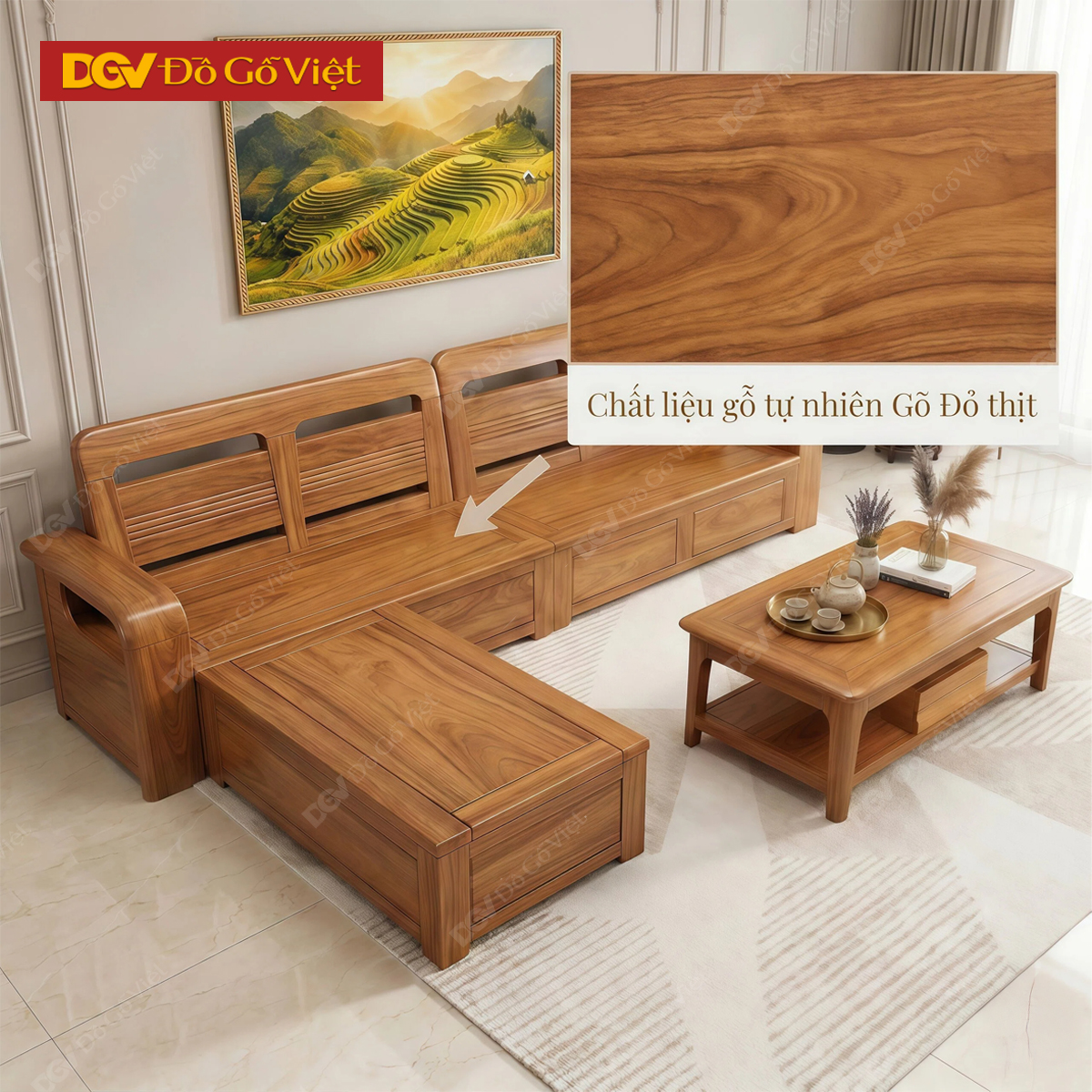 Bộ Sofa Góc Gỗ Gõ Đỏ Pachy Tay Cong Bo Góc Mới Đẹp 2026