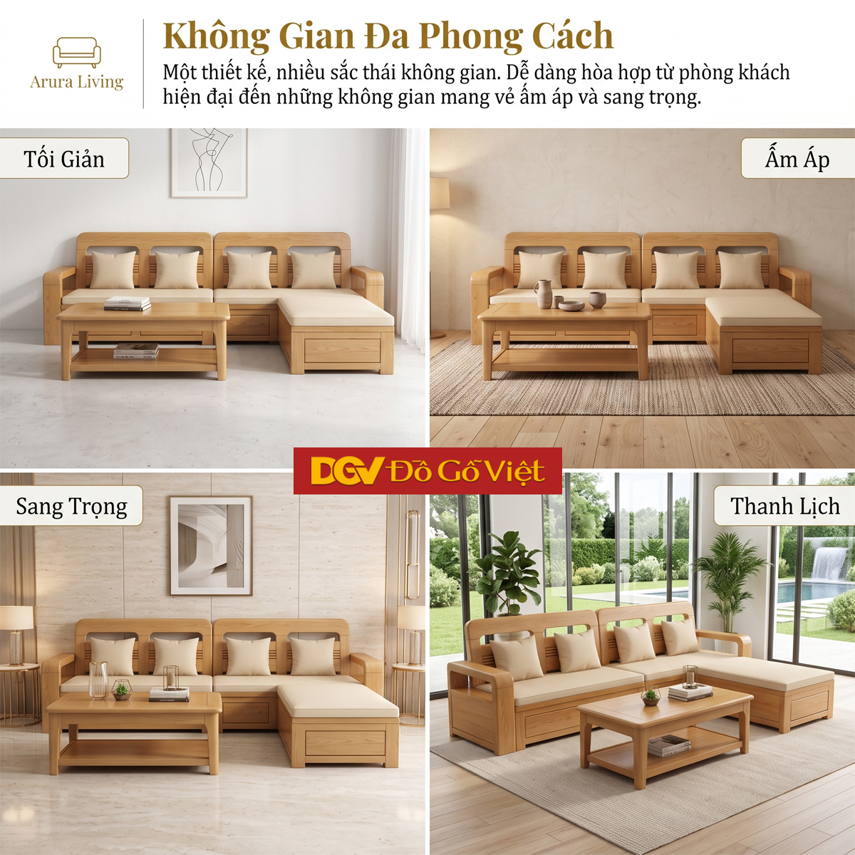 Bộ Sofa Góc Gỗ Sồi Mỹ Có Ghế Đơn Thiết Kế Bo Tròn