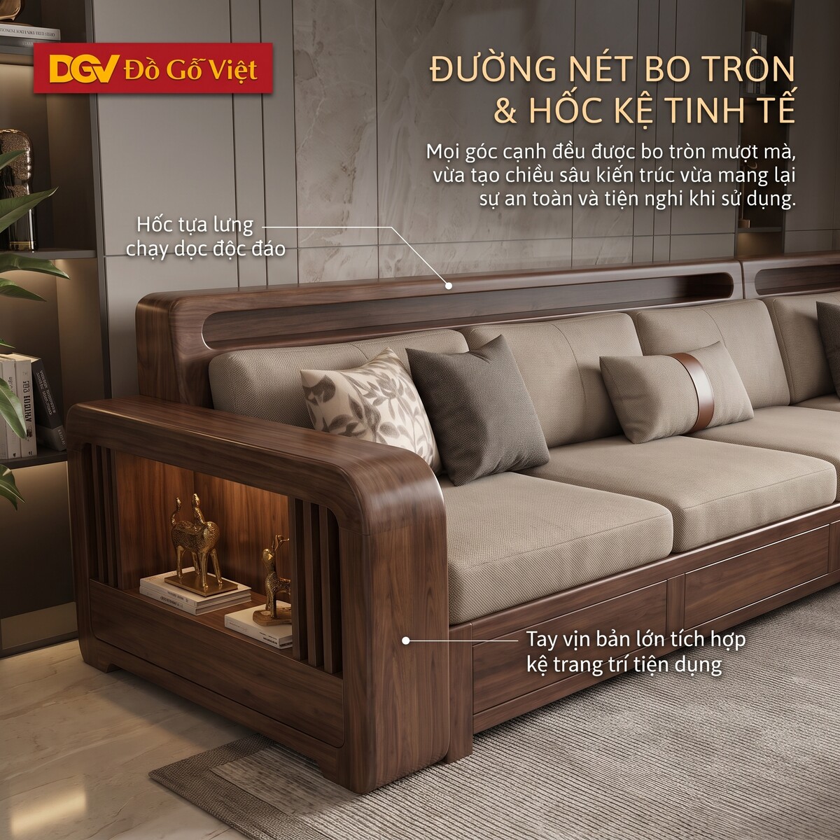 Bộ Sofa Phòng Khách Gỗ Óc Chó 100% Tích Hợp Kệ Tiện Lợi