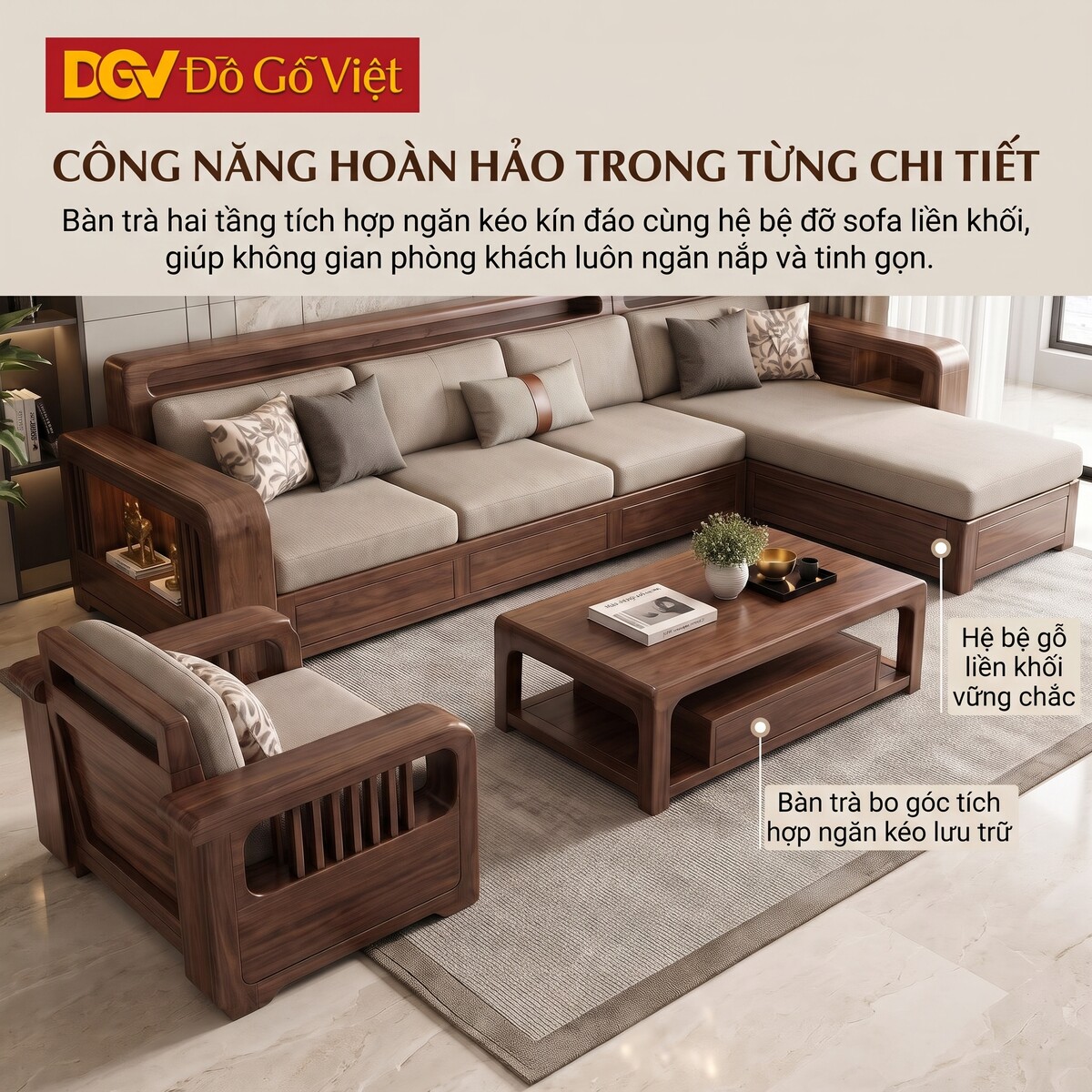 Bộ Sofa Phòng Khách Gỗ Óc Chó 100% Tích Hợp Kệ Tiện Lợi