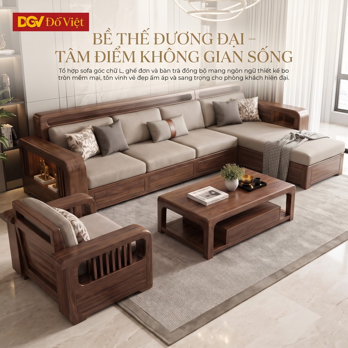 Bộ Sofa Phòng Khách Gỗ Óc Chó 100% Tích Hợp Kệ Tiện Lợi