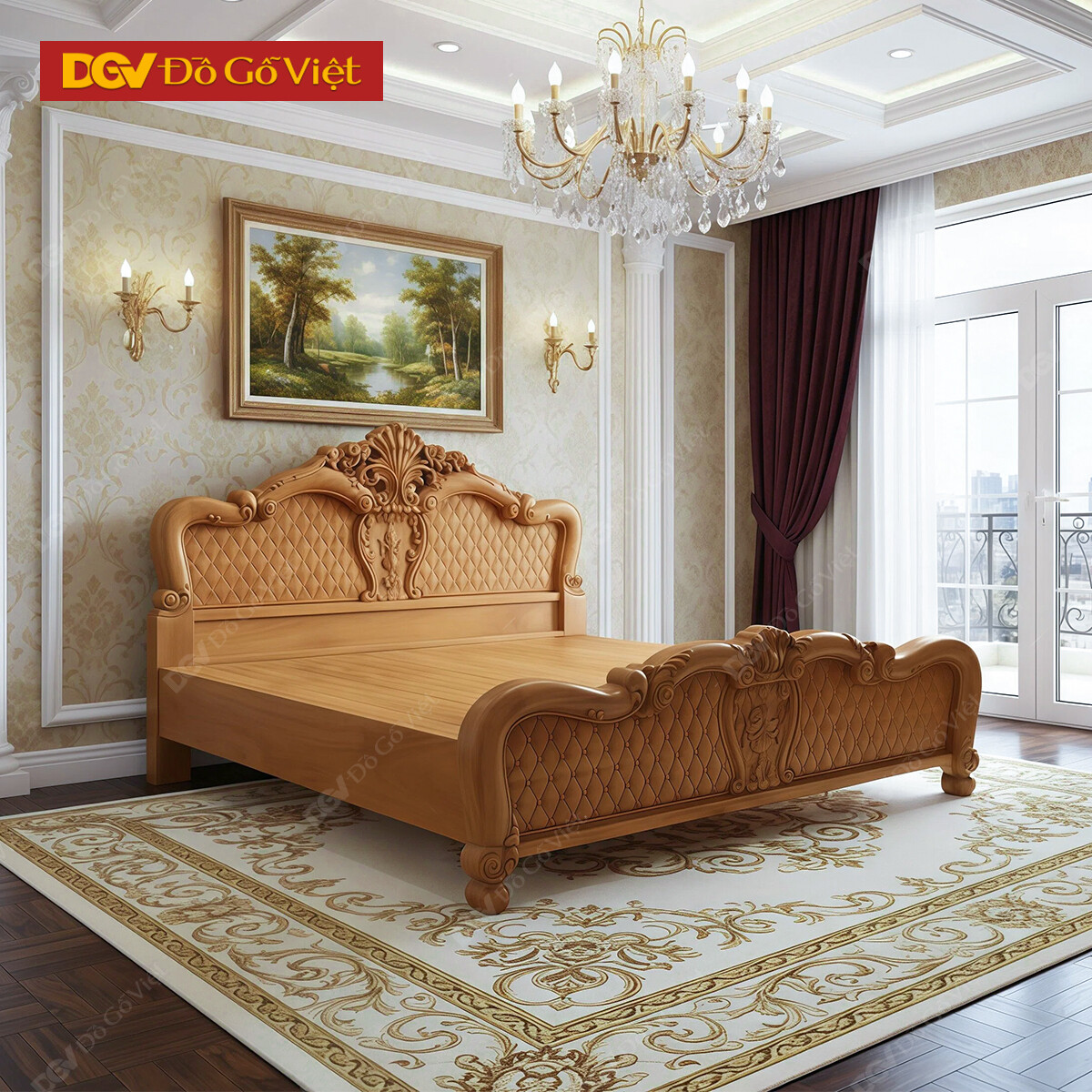 Giường Đẹp Gỗ Gõ Đỏ Chạm Hoa Hồng Cổ Điển Sang Trọng