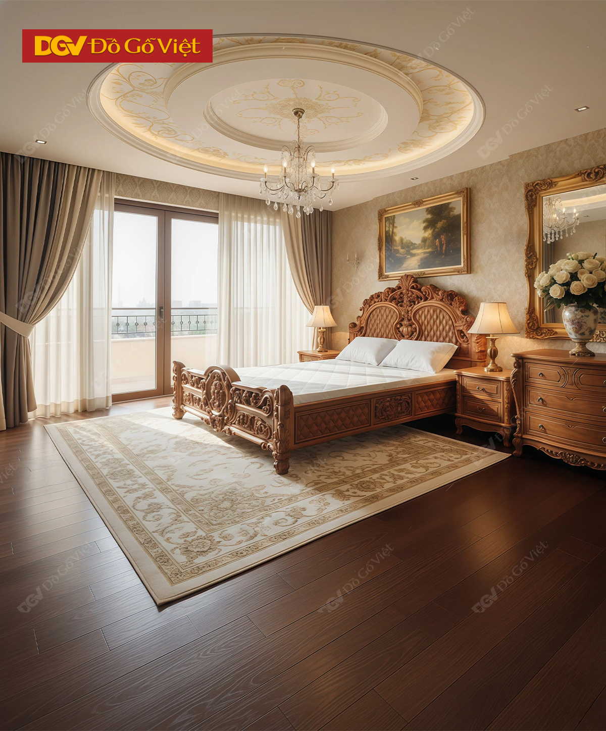 Giường Gỗ Gõ Đỏ Cao Cấp Phong Cách Châu Âu Cổ Điển Bề Thế