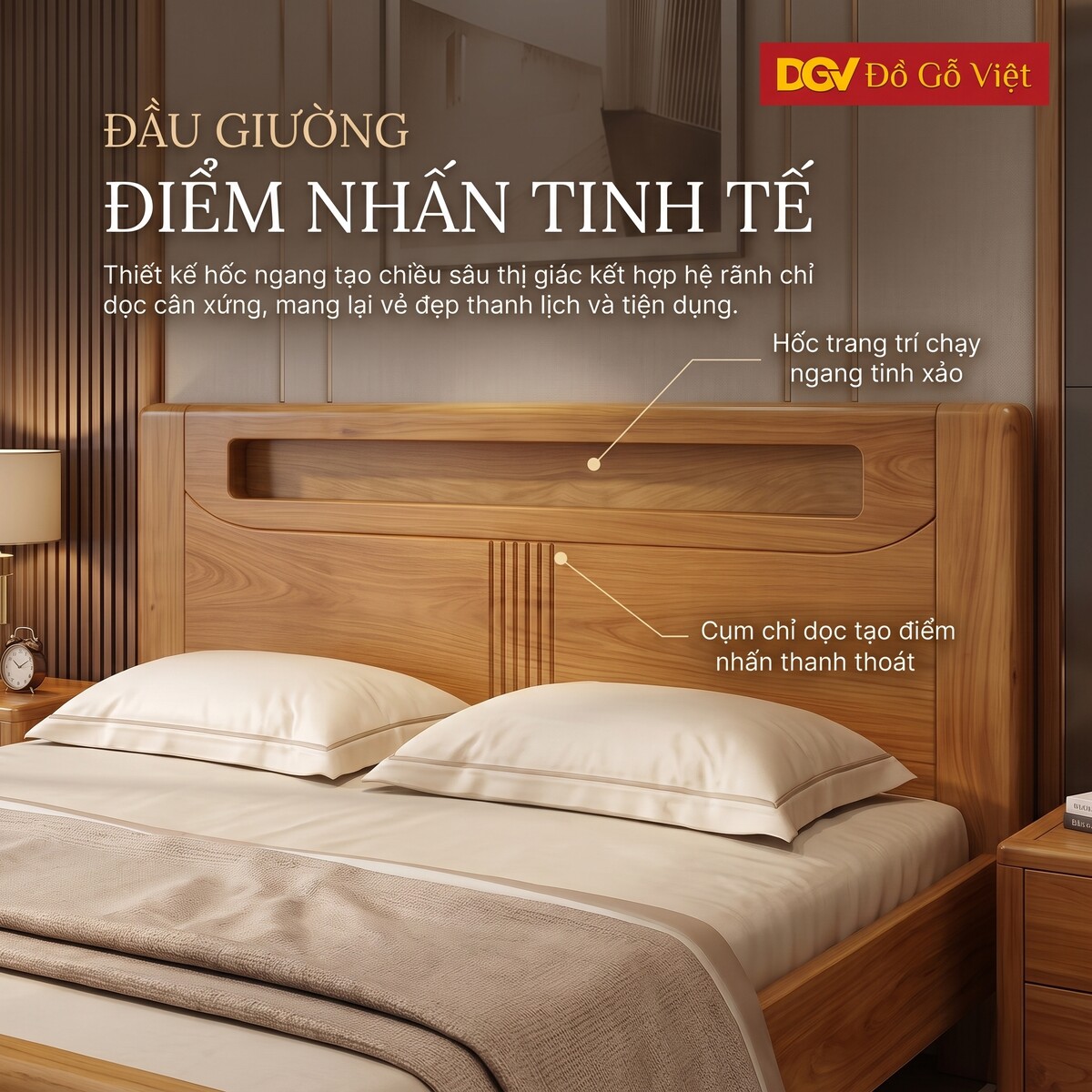 Giường Gỗ Gõ Đỏ Phòng Ngủ Đầu Kẻ Rãnh Tích Hợp Kệ Tiện Lợi