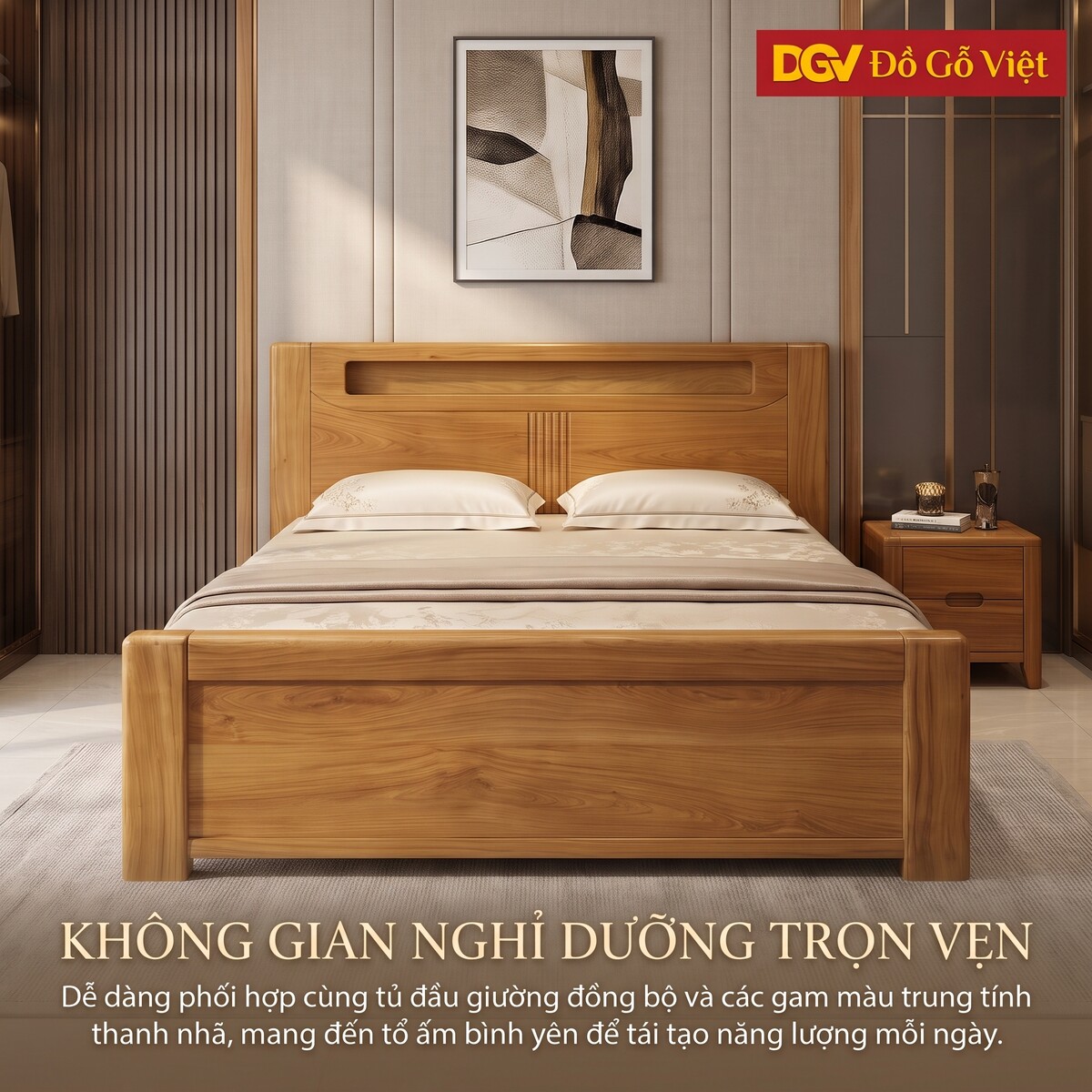 Giường Gỗ Gõ Đỏ Phòng Ngủ Đầu Kẻ Rãnh Tích Hợp Kệ Tiện Lợi