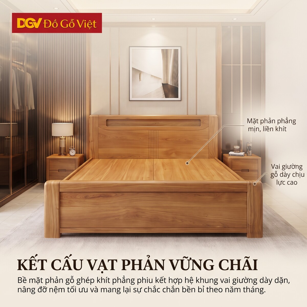 Giường Gỗ Gõ Đỏ Phòng Ngủ Đầu Kẻ Rãnh Tích Hợp Kệ Tiện Lợi