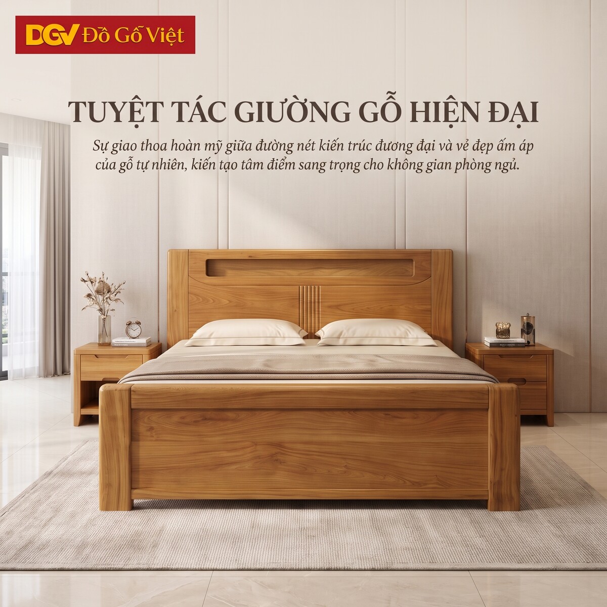 Giường Gỗ Gõ Đỏ Phòng Ngủ Đầu Kẻ Rãnh Tích Hợp Kệ Tiện Lợi