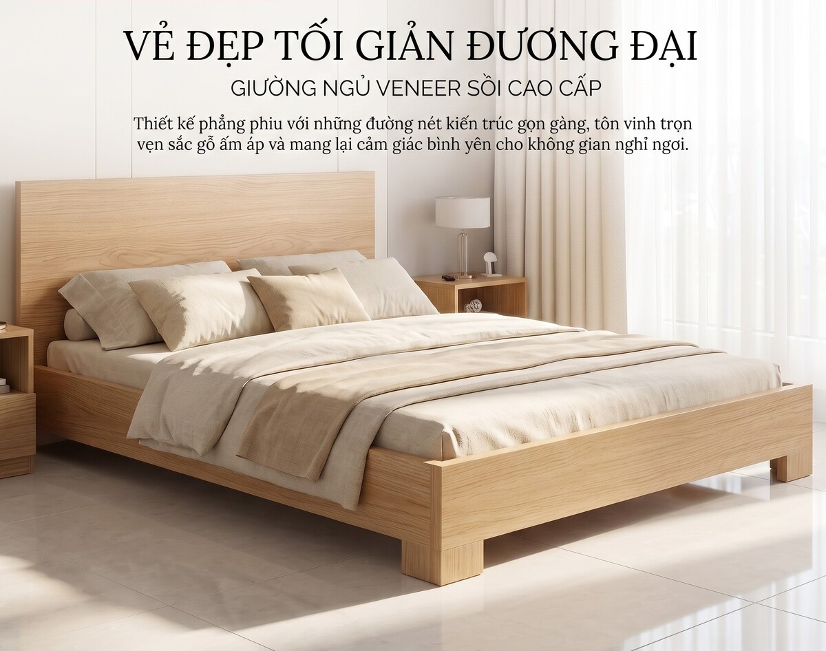 Giường Gỗ Phòng Ngủ Vân Sồi Hiện Đại Chân Cao Giá Rẻ