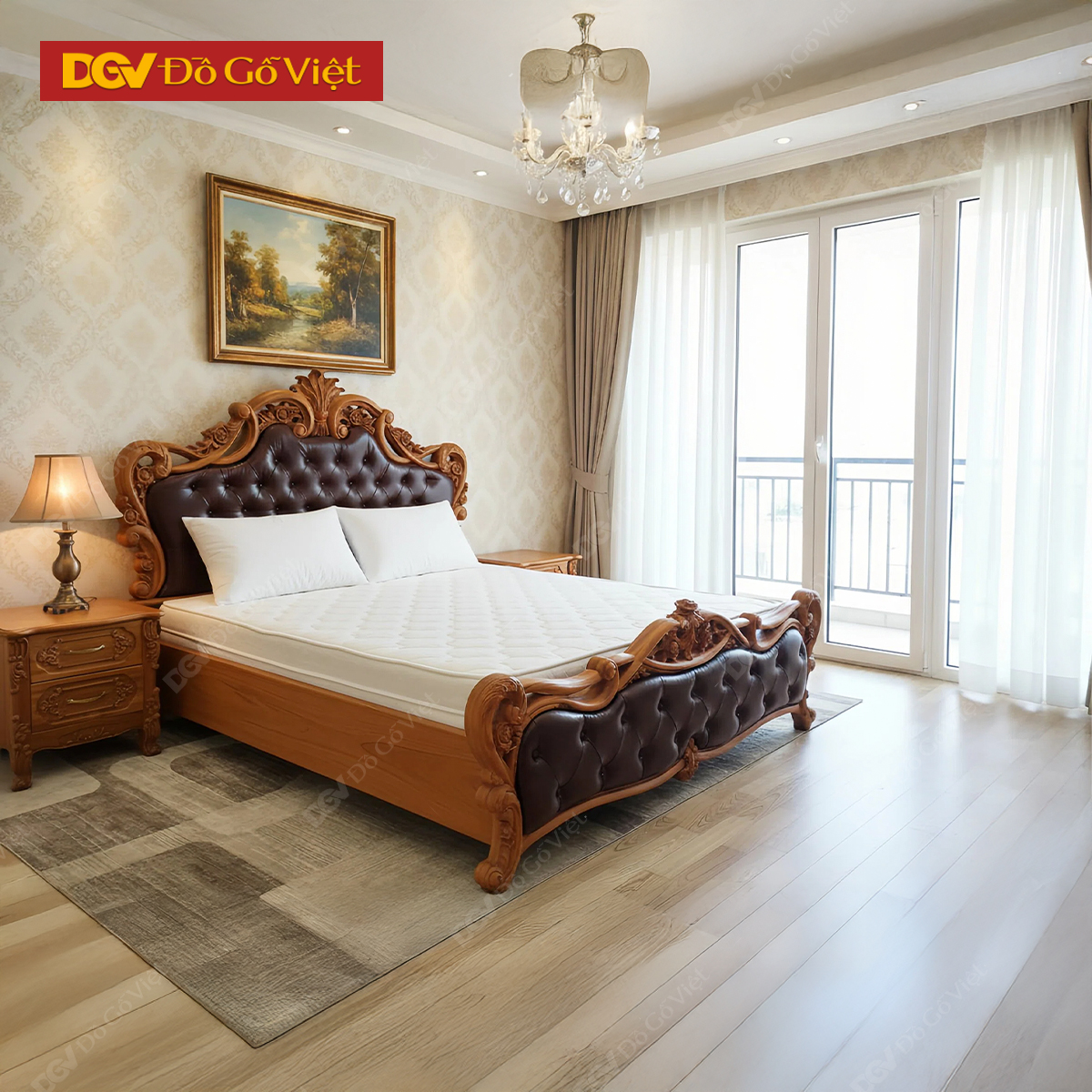 Giường Ngủ Cổ Điển Chạm Hoa Hồng Bọc Nệm Gỗ Gõ Đỏ Đẹp Giá Rẻ