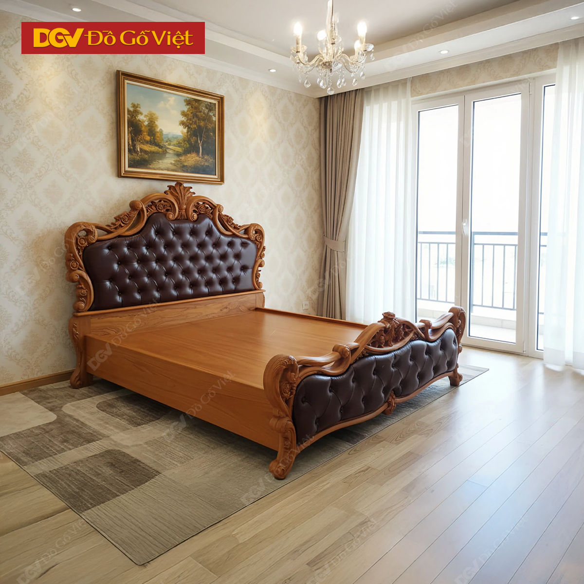 Giường Ngủ Cổ Điển Chạm Hoa Hồng Bọc Nệm Gỗ Gõ Đỏ Đẹp Giá Rẻ