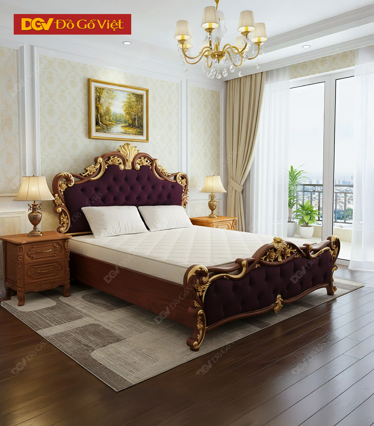 Giường Ngủ Cổ Điển Chạm Hoa Hồng Giác Vàng Bọc Nệm Gỗ Gõ Đỏ