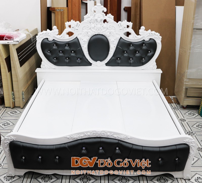 Giường Ngủ Cổ Điển Màu Trắng Nệm Đen