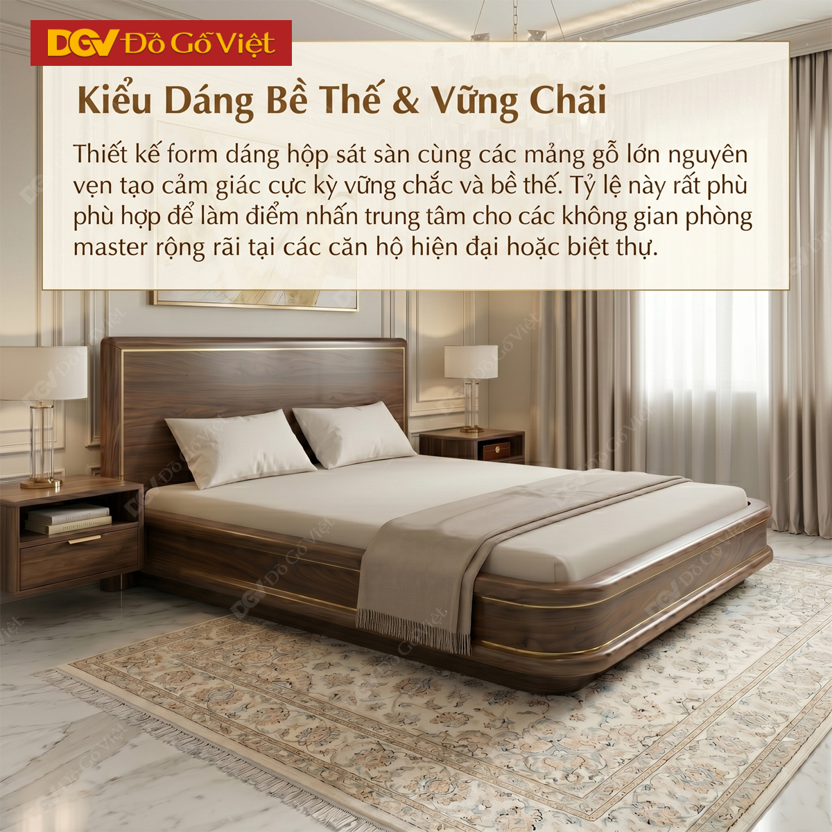 Giường Ngủ Gỗ Óc Chó Tự Nhiên Giấu Chân Cao Cấp Sang Trọng