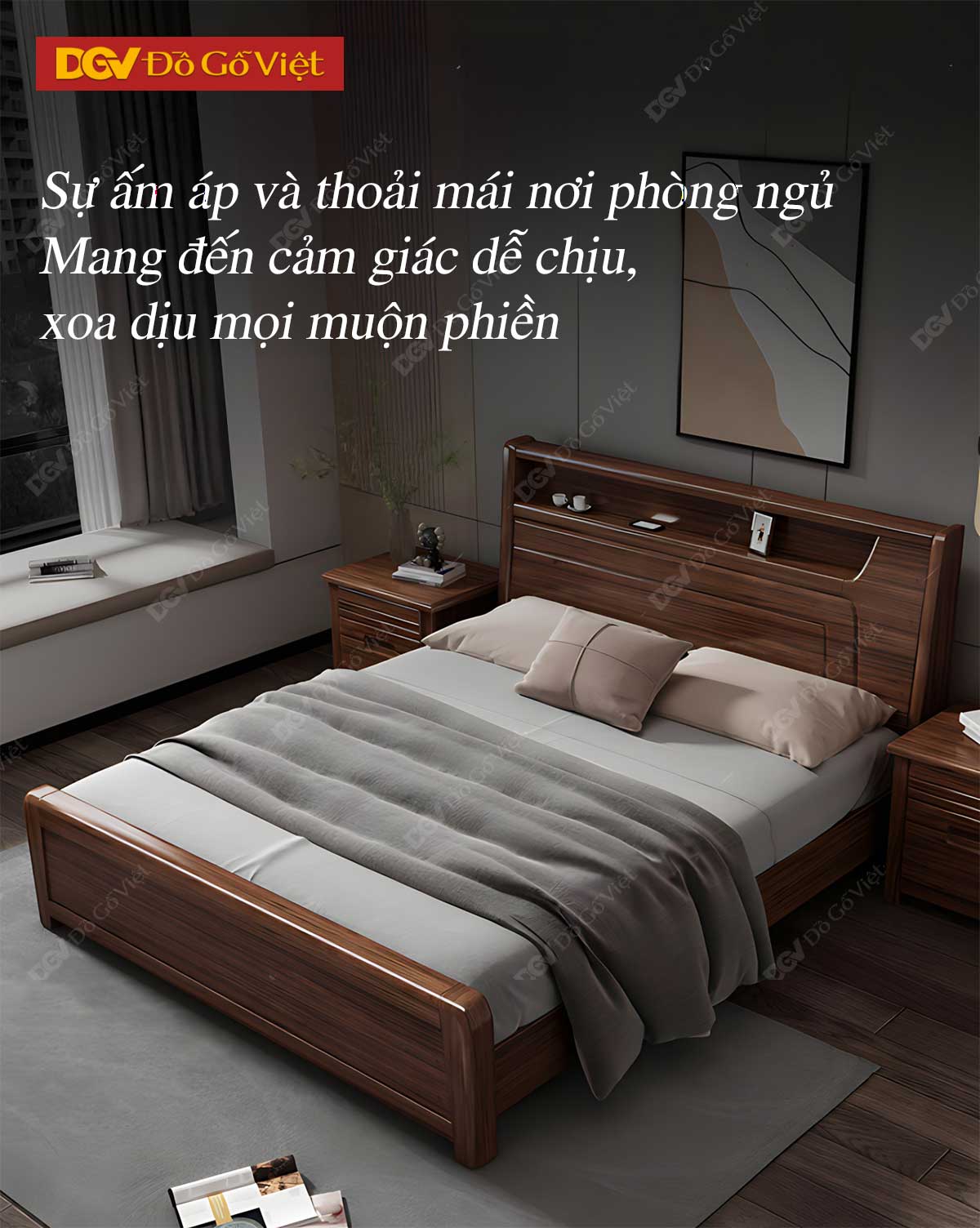 Giường Ngủ Gỗ Sồi Mỹ Thiết Kế Hiện Đại Có Kệ Đầu Giường