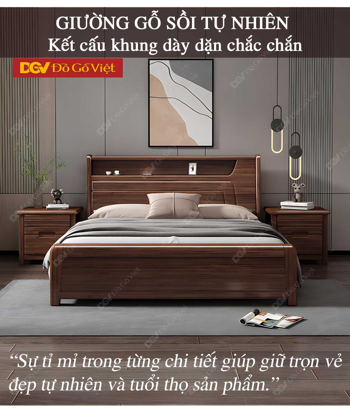 Giường Ngủ Gỗ Sồi Mỹ Thiết Kế Hiện Đại Có Kệ Đầu Giường