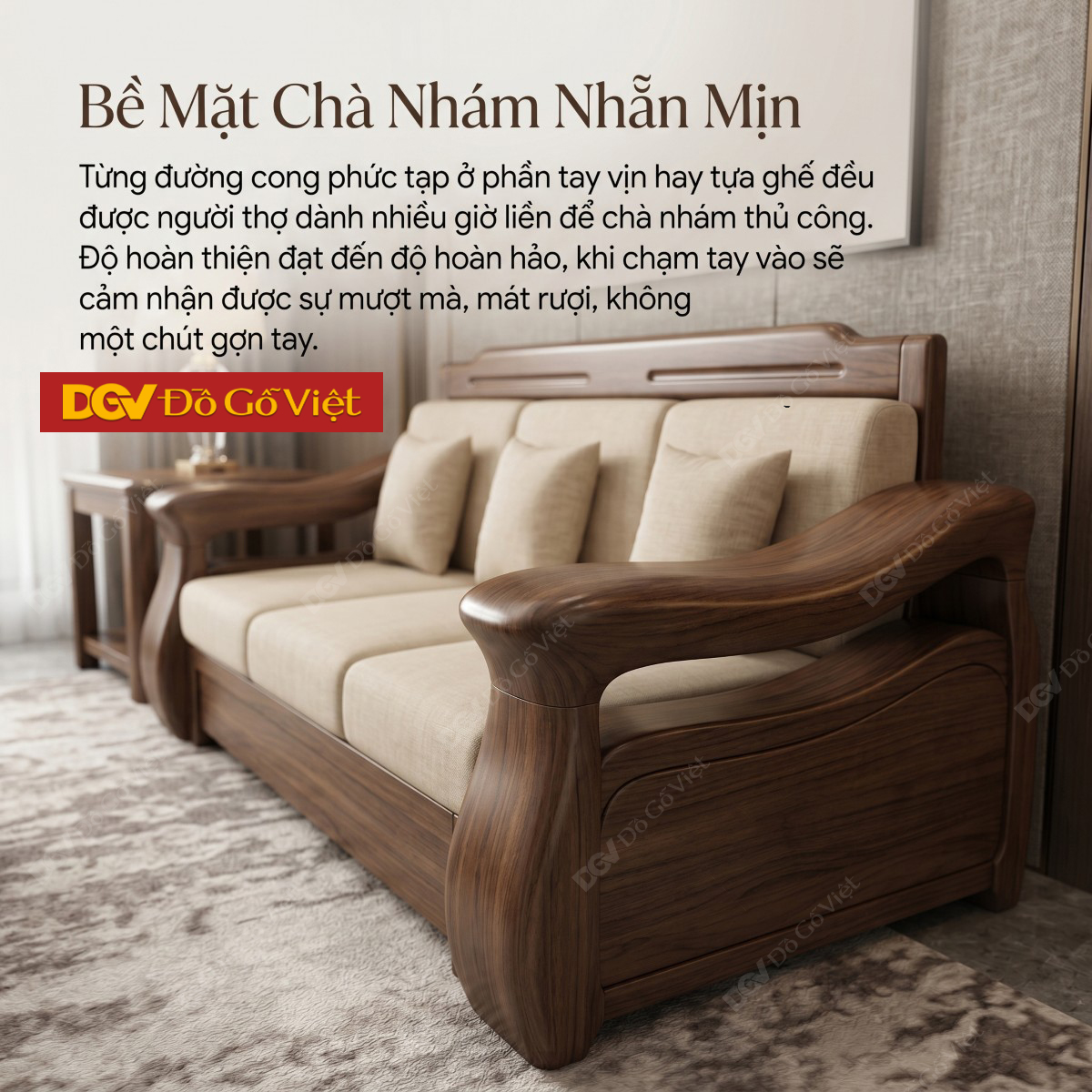 Mẫu Bàn Ghế Sofa Gỗ Óc Chó Chân Thấp Tay Uốn Lượn Nghệ Thuật