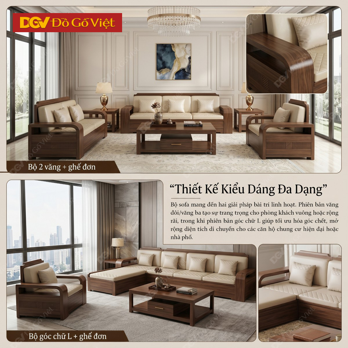 Mẫu Bàn Ghế Sofa Gỗ Óc Chó Hiện Đại Họa Tiết Kẻ Rãnh Tinh Tế