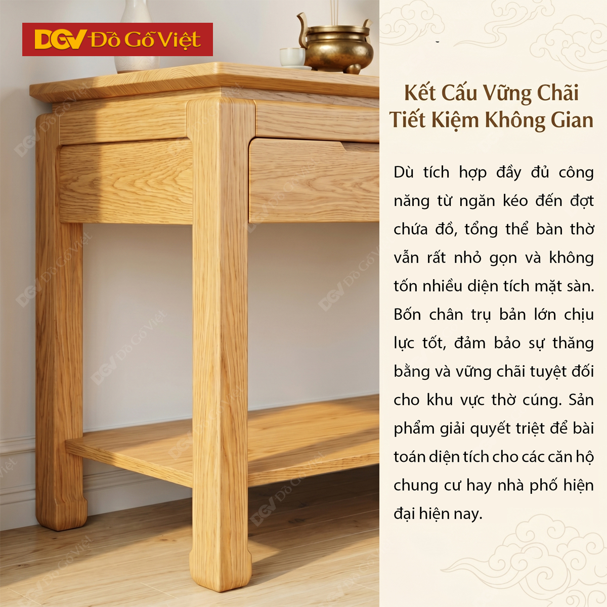 Mẫu Bàn Thờ Đứng Sồi Mỹ Chân Móng Ngựa Tích Hợp Đợt Lưu Trữ