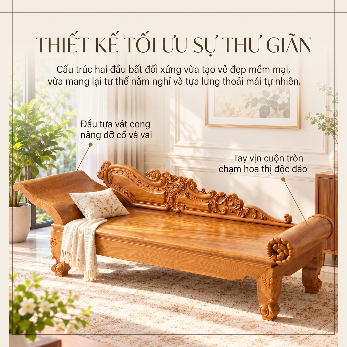 Mẫu Ghế Phương Lười Gỗ Gõ Đỏ Phối Hoa Văn Chạm Khắc Uốn Lượn