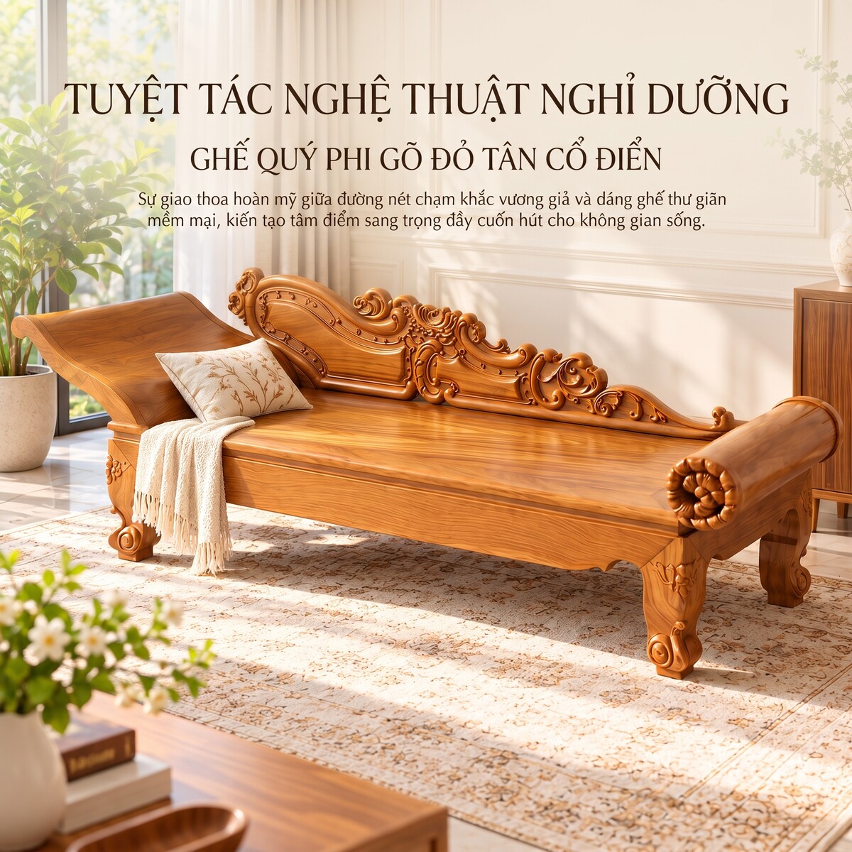 Mẫu Ghế Phương Lười Gỗ Gõ Đỏ Phối Hoa Văn Chạm Khắc Uốn Lượn