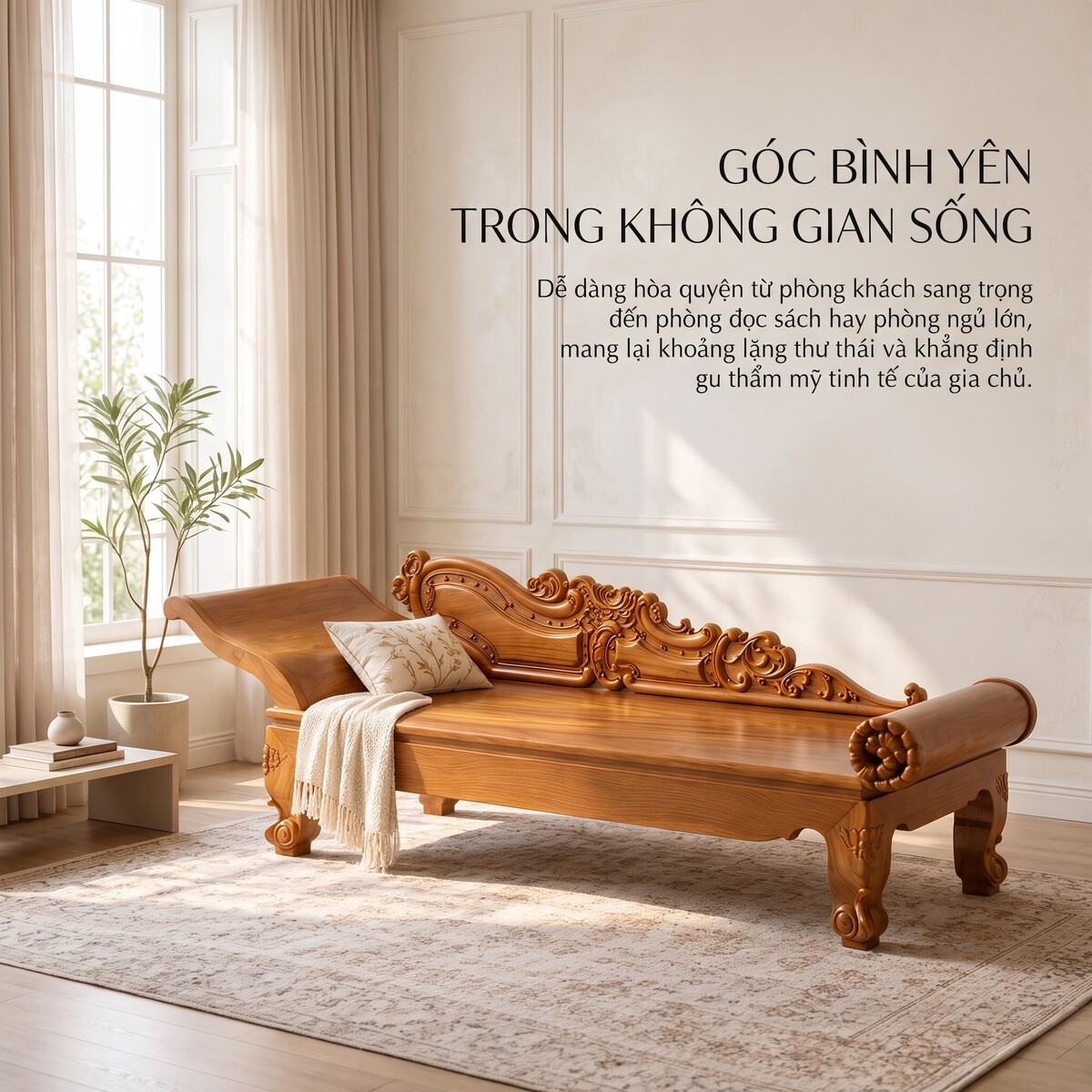 Mẫu Ghế Phương Lười Gỗ Gõ Đỏ Phối Hoa Văn Chạm Khắc Uốn Lượn