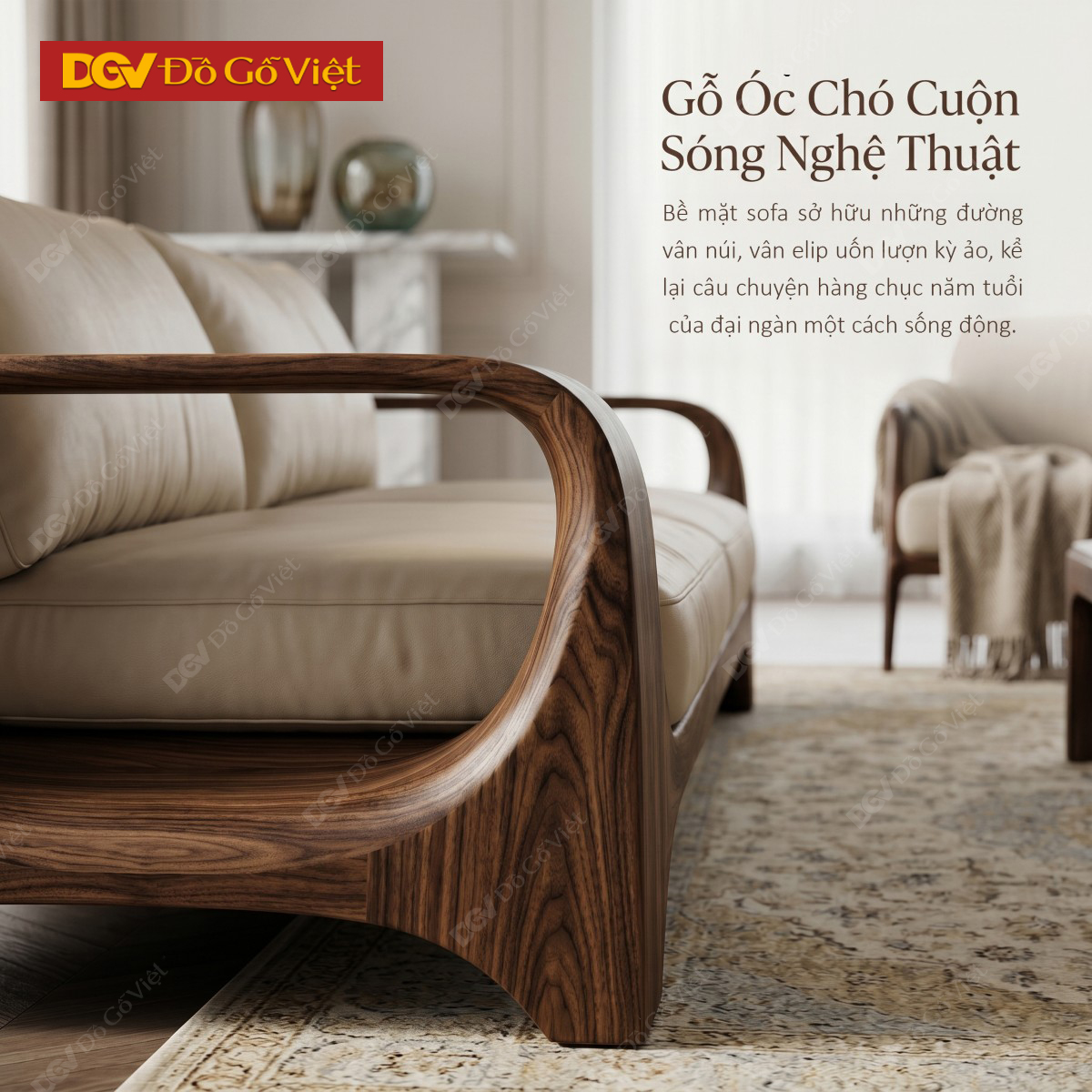 Mẫu Ghế Sofa Gỗ Óc Chó Khung Gỗ Bo Tròn Chân Vòm Tay Chữ C