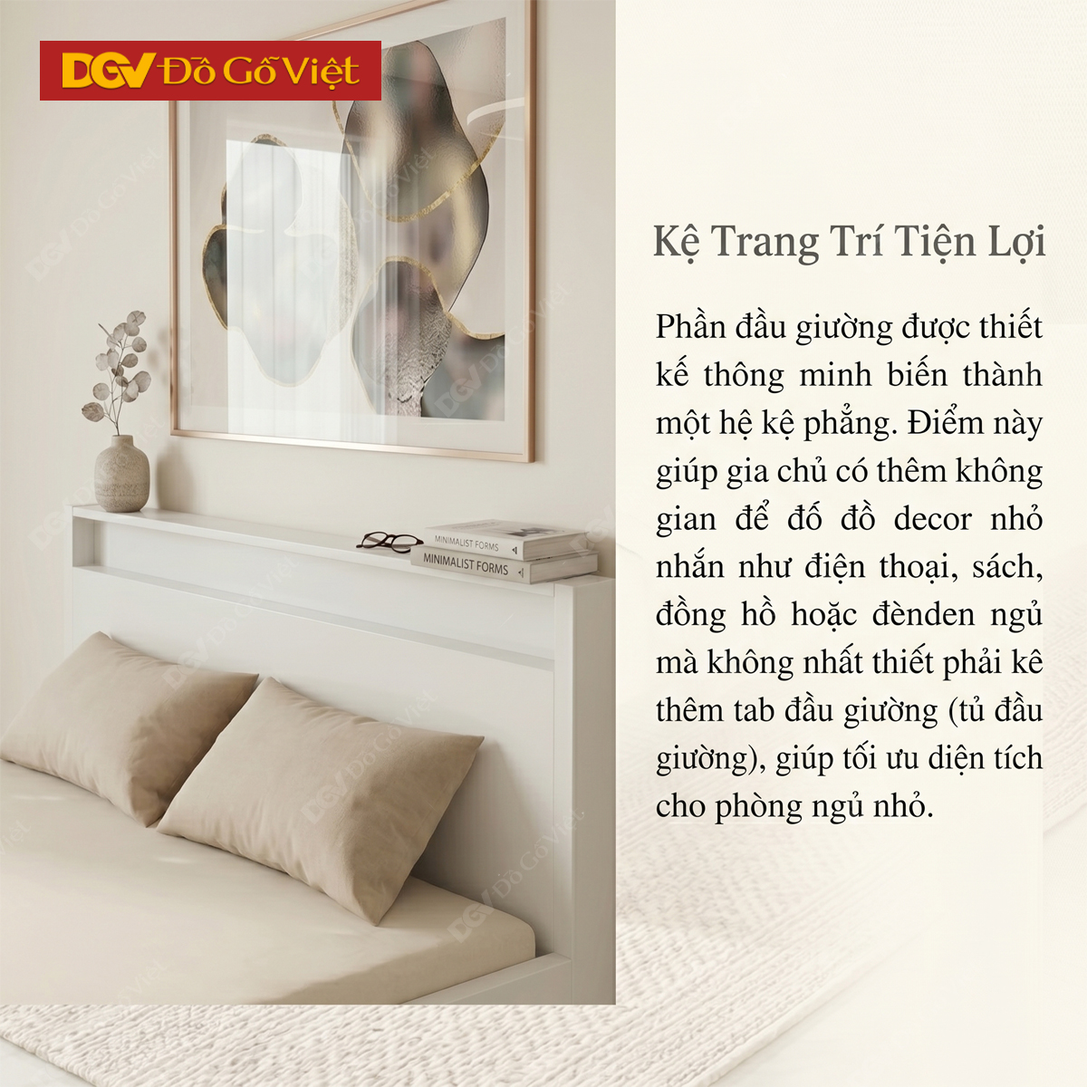 Mẫu Giường Ngủ Màu Trắng Vân Sồi Đầu Giường Phối Kệ Tiện lợi
