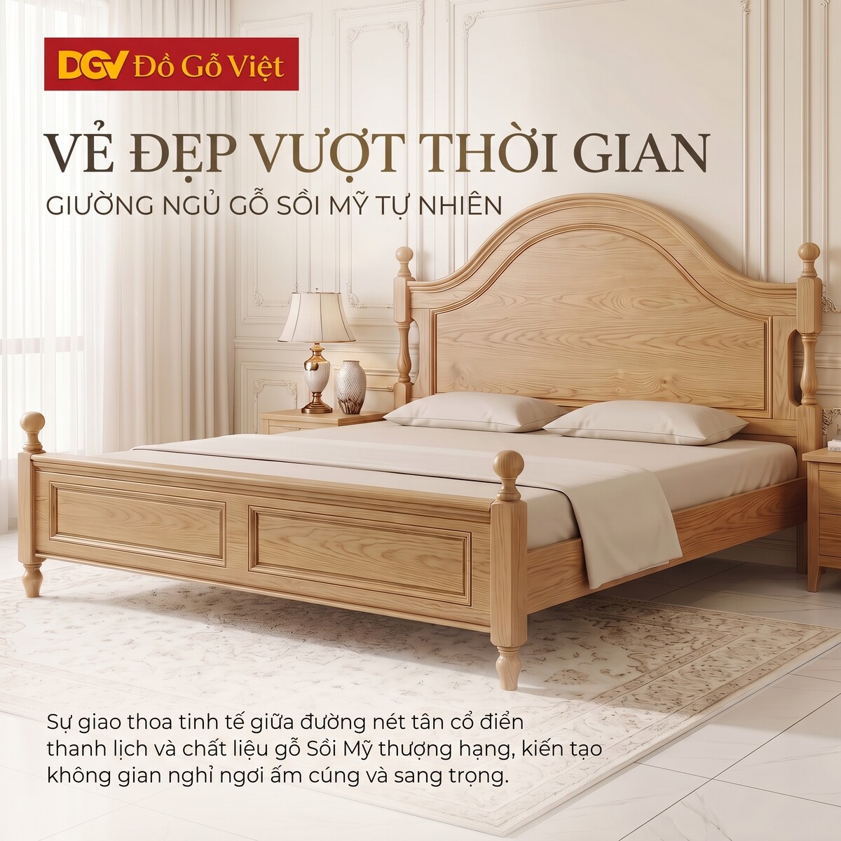 Mẫu Giường Phòng Ngủ Sồi Mỹ Tân Cổ Điển Trụ Tiện Chân Cao