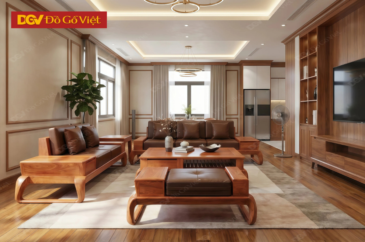 Mẫu Sofa Gỗ Hương Đá 2 Văng Chân Xoắn Cao Cấp Kèm Nệm