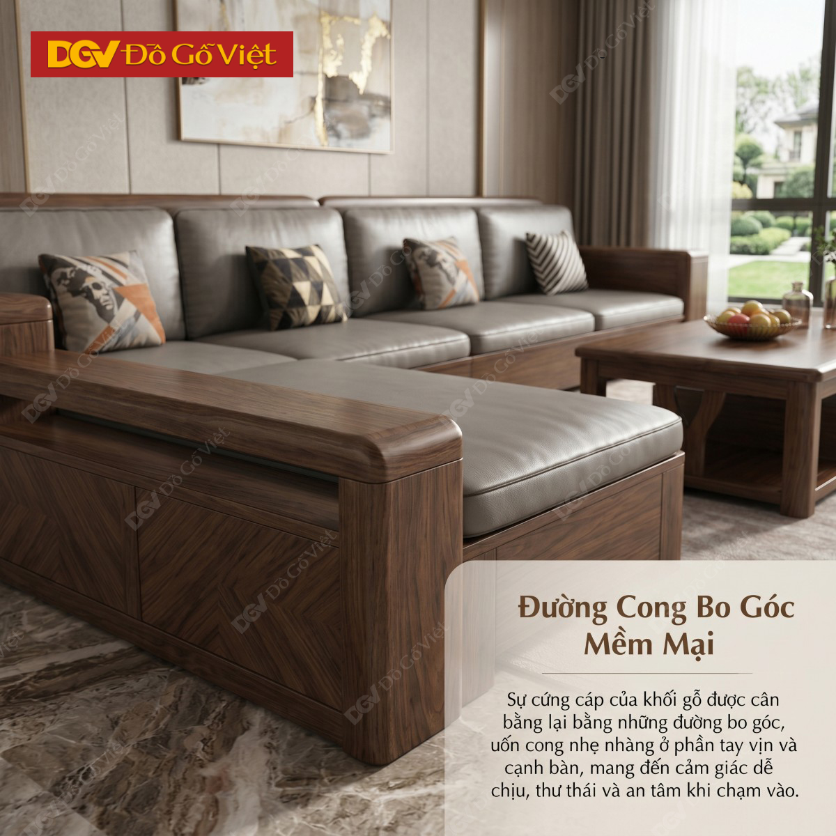 Mẫu Sofa Phòng Khách Gỗ Óc Chó Chân Bệt Tay Hộp Sang Trọng