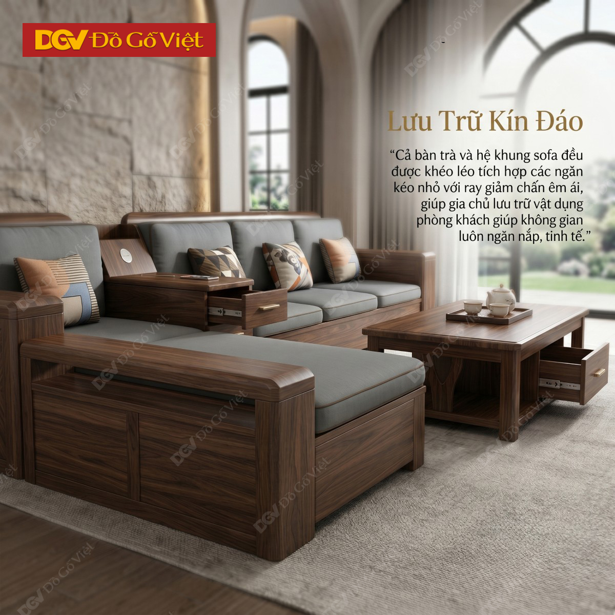 Mẫu Sofa Phòng Khách Gỗ Óc Chó Chân Bệt Tay Hộp Sang Trọng