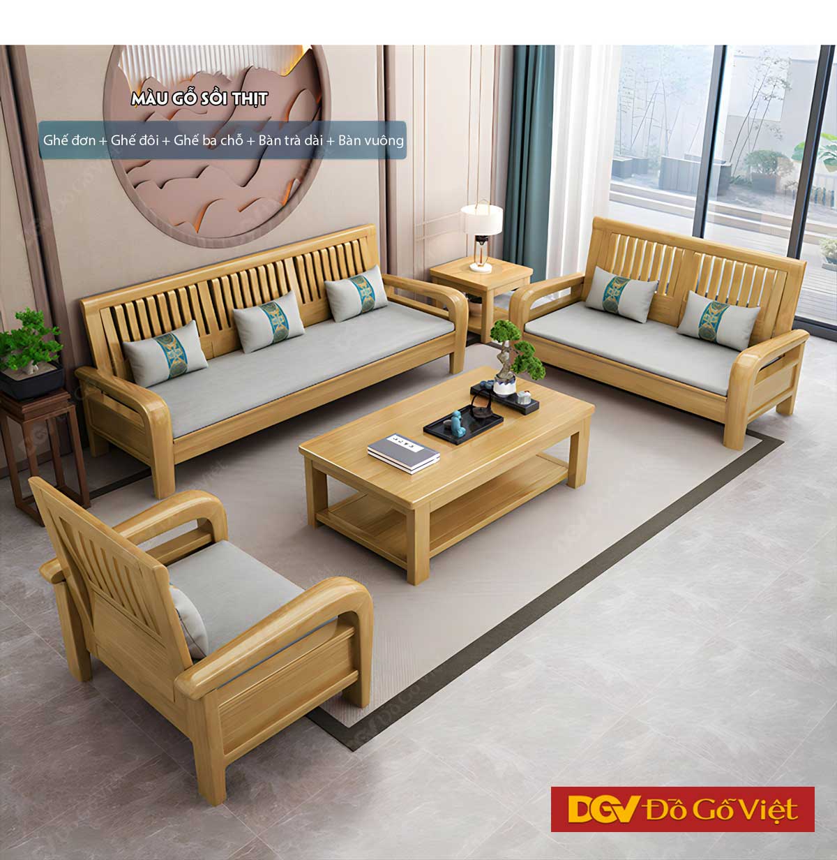 Sofa Gỗ Sồi Mỹ Tối Giản Hiện Đại Lưng Ghế Nan Dọc