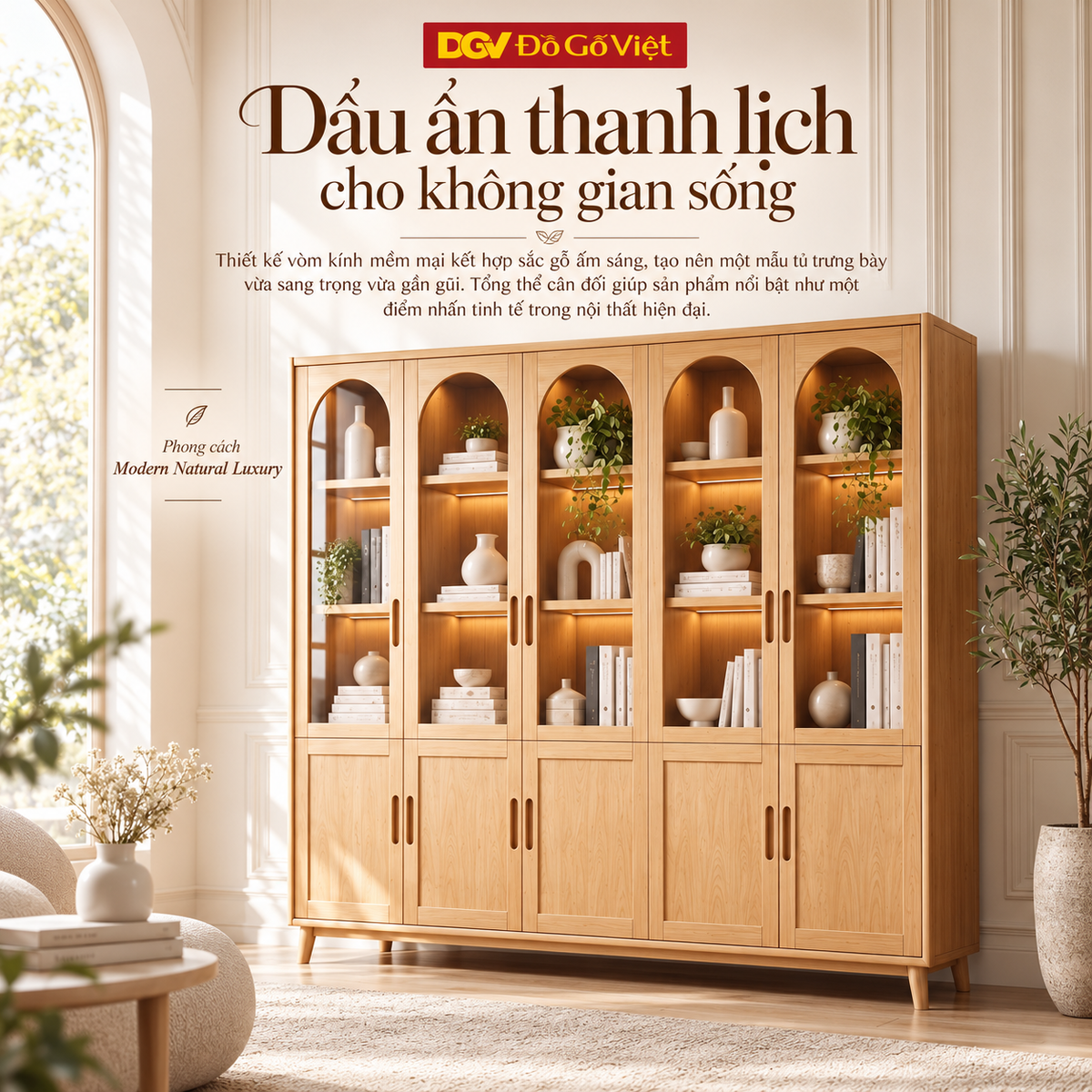 Tủ Hồ Sơ French Arch Gỗ Sồi Mỹ Chân Cao Cánh Kính Hiện Đại