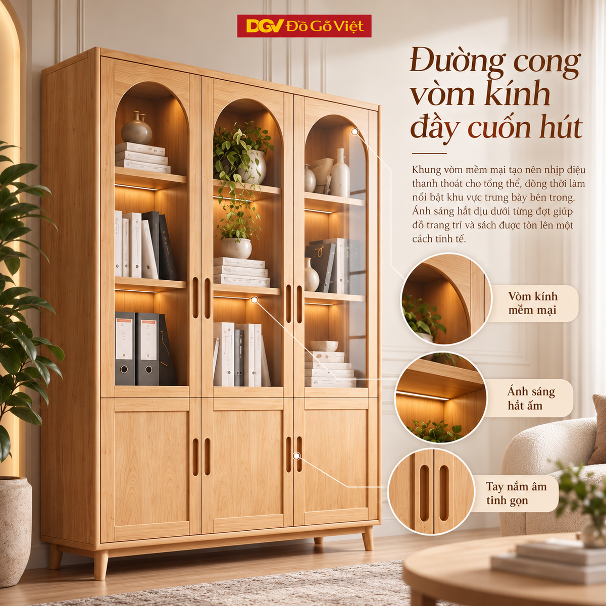 Tủ Hồ Sơ French Arch Gỗ Sồi Mỹ Chân Cao Cánh Kính Hiện Đại