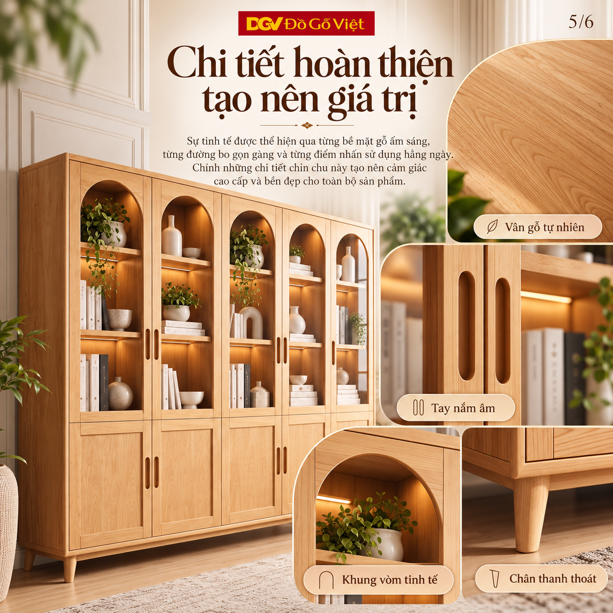 Tủ Hồ Sơ French Arch Gỗ Sồi Mỹ Chân Cao Cánh Kính Hiện Đại